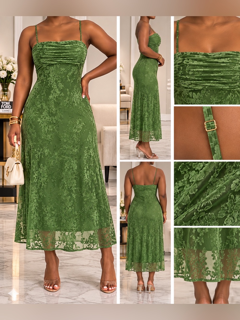 Elegant Green Lace Midi Dress with Adjustable Straps